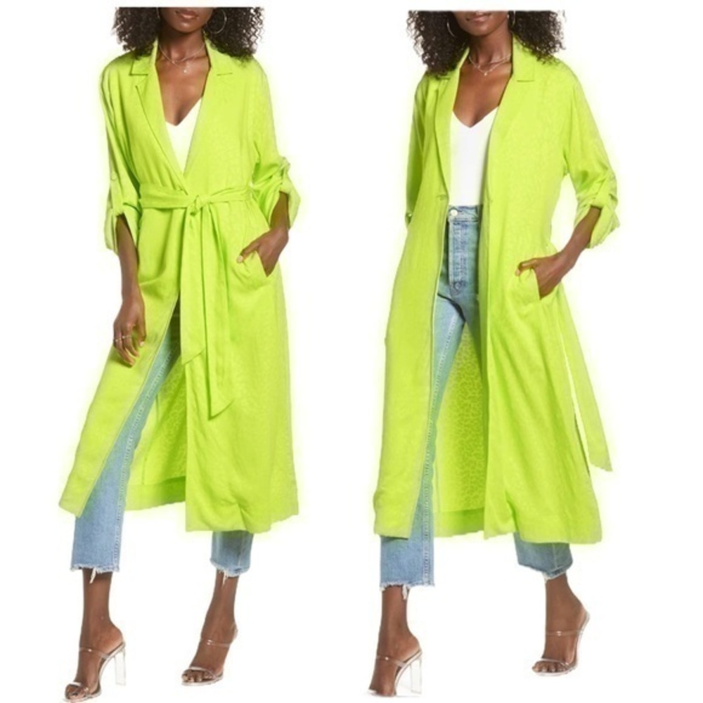 New AFRM Hendrix Drapey Duster Coat Neon Green Belted Longline Jacket Size XS